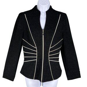 Caché Womens S Black Zip Up Blazer Silver Piping Structured Fit Career Office